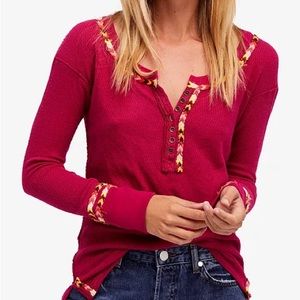 Free People We the Free embroidered thermal henley top in pink fuchsia